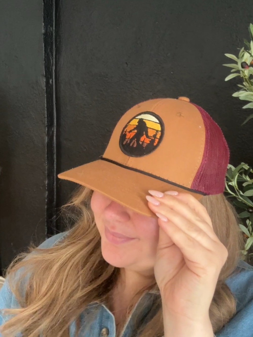 Embroidered Mountain Patch Trucker Hat — Tan & Burgundy
